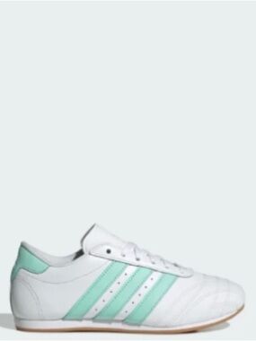 Adidas Kids Taekwondo Lace Shoes White Sneakers with Mint Green & Mauve Stripes.